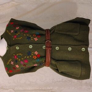 Vintage Floral Embroidered Crochet Vest Olive Green tone with Multicolor Flowers